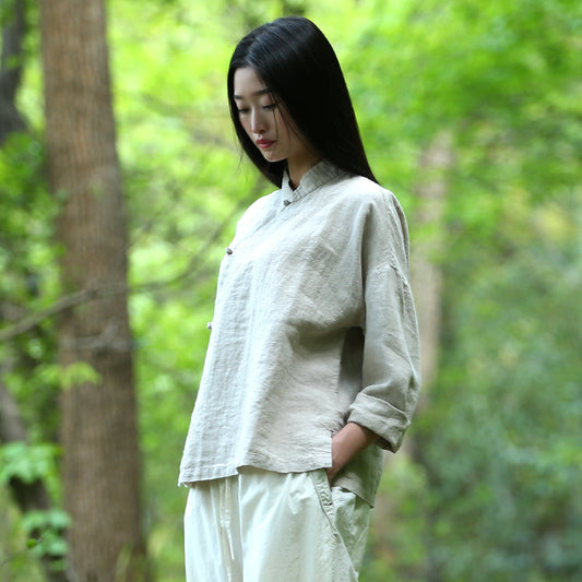 Hemp Plain Buttoned Top High Quality Retro Chinese Style Zen Tea Clothes Women